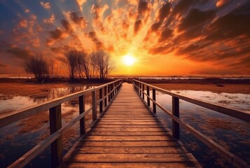 Obraz premium wooden bridge over the lake with beautiful sunset. generative ai