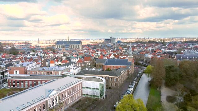 The City of Leiden Netherlands and skyline. University Faculty. Aerial