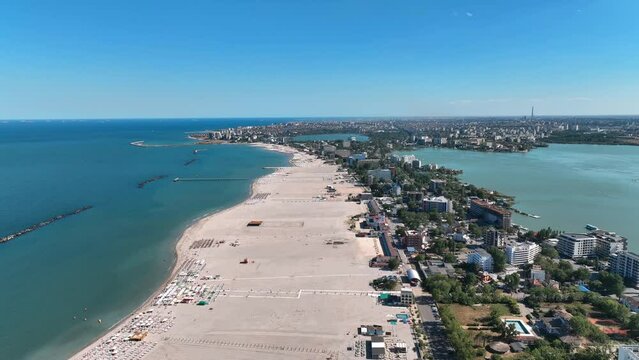 Aerial footage of Mamaia beach, Constanta, Romania