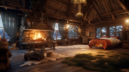 Obraz na płótnie Canvas A cozy log cabin with a crackling fireplace and rust.Generative AI
