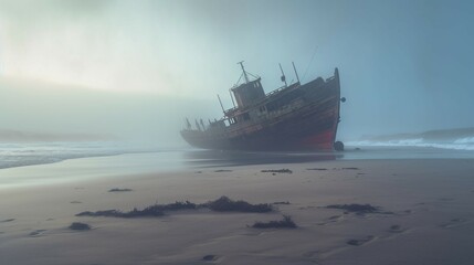 A deserted foggy beach with an eerie shipwreck Generat.Generative AI