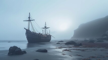 Fototapeta premium A deserted foggy beach with an eerie shipwreck Generat.Generative AI