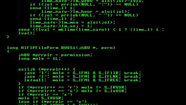 A source code listing, scrambled computer program instructions, scrolling down, fast movement. Clean view, green characters on a black background.