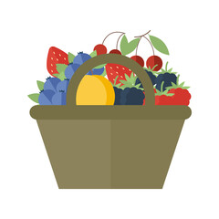 Basket with different fruits and berries flat illustration