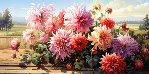 illustration of oil painting of beautiful dahlias bush on wooden fence, generative AI