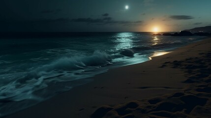 A night beach with dark sand and gentle waves genarati.Generative AI