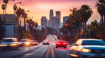 Fototapeta na wymiar Los Angeles street in a pink light, sunset. Generative AI