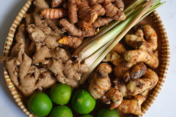Various rhizome in a tray against white background 