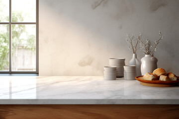 Fototapeta na wymiar White marble kitchen countertop near the window. (Generative AI)