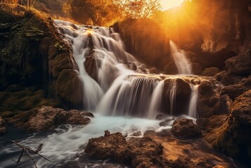 Fototapeta na wymiar The beauty of the waterfall with the sunrise in the morning, long exposure. generative ai