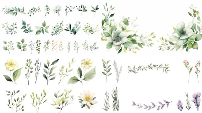 Composition of minimal botanical wedding frame on white background watercolor