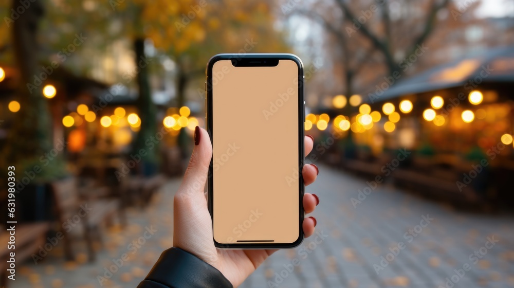 Wall mural person holding smartphone. empty screen of smartphone , urban street and bokeh light background.