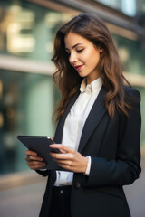 Young busy pretty business woman professional office manager executive or global international company employee standing on big city street outside using digital tablet fintech device. Generative AI