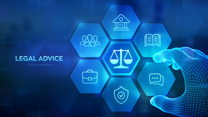 Labor law, Lawyer, Attorney at law, Legal advice concept. Internet law services and cyberlaw. Wireframe hand places an element into a composition visualizing online lawyer advice. Vector illustration.