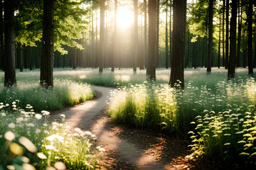 Obraz premium spring in the forest with trees and flowers 