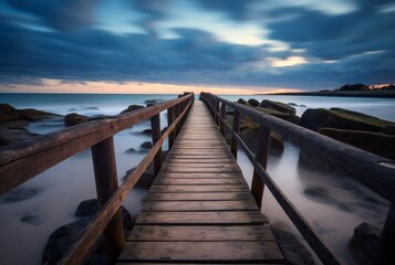 Naklejka premium Wooden bridge with the beauty of the beach, long exposure. generative ai