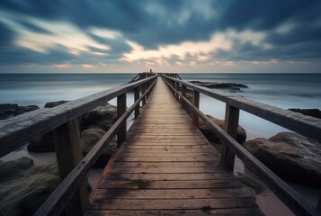 Obraz premium Wooden bridge with the beauty of the beach, long exposure. generative ai