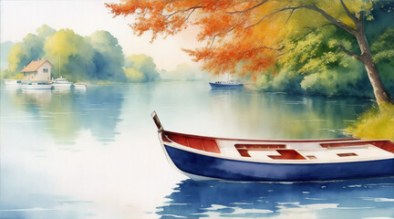 Fototapeta na wymiar Boat on the river watercolor oil painting wallpaper background landscape boating wallpaper