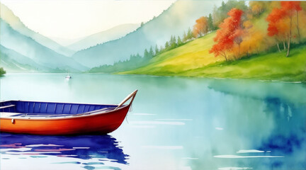 Fototapeta premium Boat on the lake watercolor oil painting wallpaper background landscape boating wallpaper by generative ai