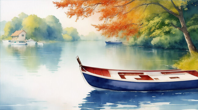 Boat on the river watercolor oil painting wallpaper background landscape boating wallpaper