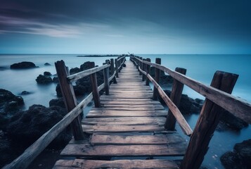 Obraz premium Wooden bridge with the beauty of the beach, long exposure. generative ai