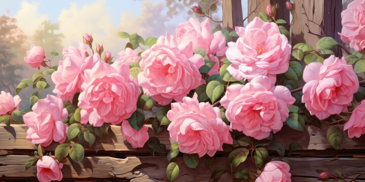 illustration of oil painting of beautiful pink rose  bush on wooden fence, generative AI