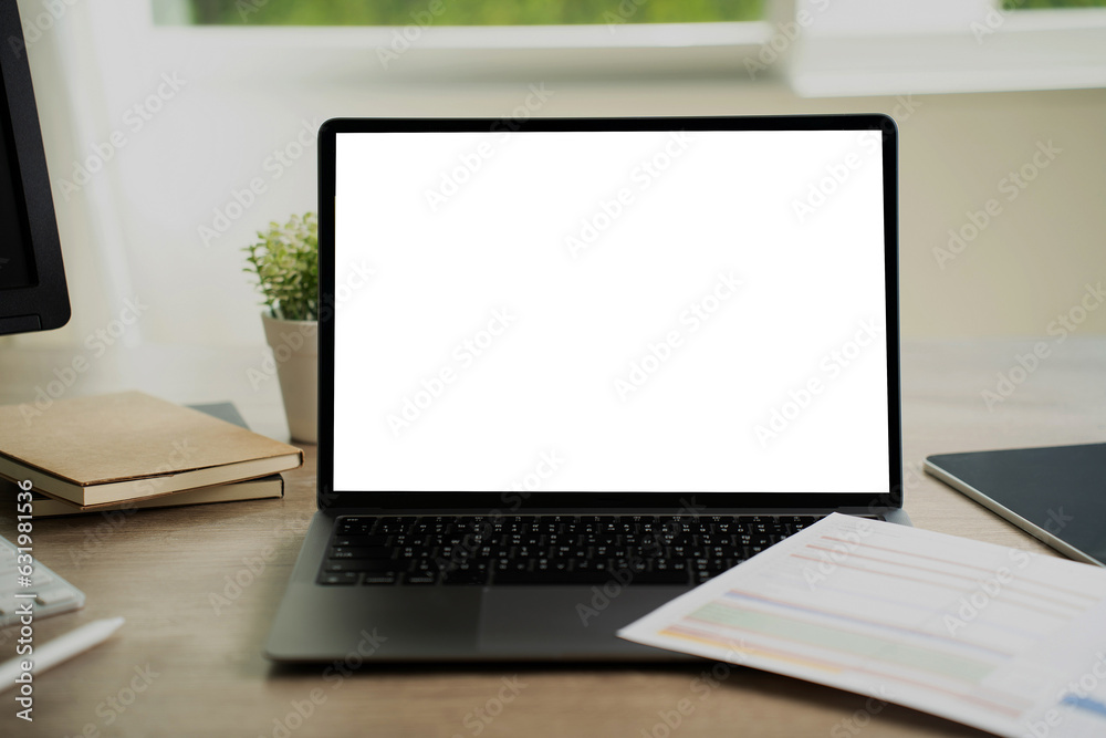 Poster mock up using laptop with blank screen computer modern