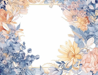 Watercolor style cold tone wildflowers and leaves decorated square line frame on white background. Created with Generative AI technology