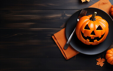 On a dark stone table, you'll find a craft plate adorned with Halloween elements, including a pumpkin. The top-down view provides room for text.