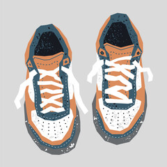 a pair of  Vintage Sneaker Shoes,top view,flat style, nostalgic realism