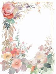 Watercolor style pink wildflowers and leaves decor on line frame with white background. Created with Generative AI technology