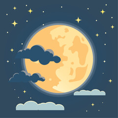 full moon night, with stars and clouds, vector, flat design 