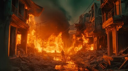 A street with houses in a ruined city on fire after.Generative AI