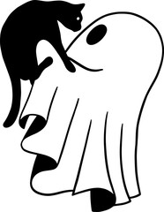 cute ghost and black cat funny halloween vector illustration isolated on white background