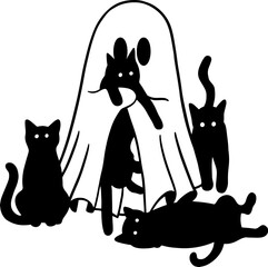 cute ghost and black cat funny halloween vector illustration isolated on white background