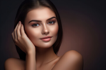 Fototapeta na wymiar Portrait of woman, skincare and beauty cosmetics for shine, wellness or healthy glow on studio background. Happy model touching face after facial laser aesthetics, chemical peel and clean dermatology