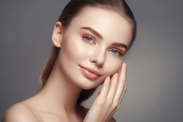 Obraz na płótnie Canvas Portrait of woman, skincare and beauty cosmetics for shine, wellness or healthy glow on studio background. Happy model touching face after facial laser aesthetics, chemical peel and clean dermatology