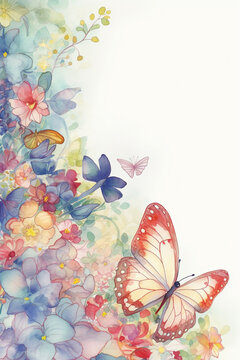 Watercolor style delicate floral and butterflies on white background. Created with Generative AI technology