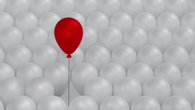 Red balloon floating higher than group of white balloon, concept of leader, creative, different, thinking and idea, 3D rendering. 4K loop.