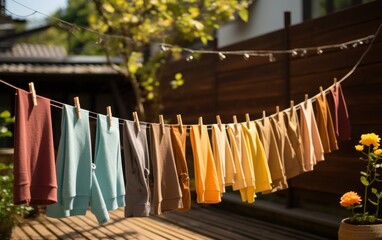 After being washed, childrens colorful clothing dries on a clothesline in the yard outside in the sunlight