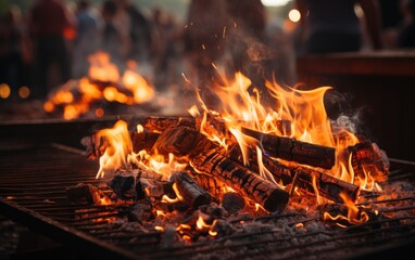 Closeup of burning coals from a fire, barbeque fire grilling campfire barbecue background banner.