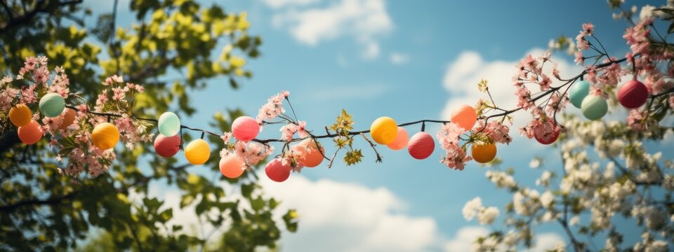 colorful pennant string decoration in green tree foliage on blue sky.