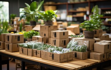 Fototapeta na wymiar Eco vendor go green packaging parcel carton box in net zero waste store asian seller retail shop