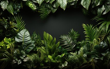 Green leaves of tropical plants bush (Monstera, palm, fern, rubber plant, pine, birds nest fern
