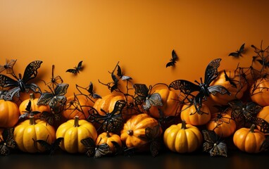 Halloween background. Modern pumpkins, spiders, bats on orange background