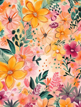 Watercolor style warm tone floral pattern background . Created with Generative AI technology