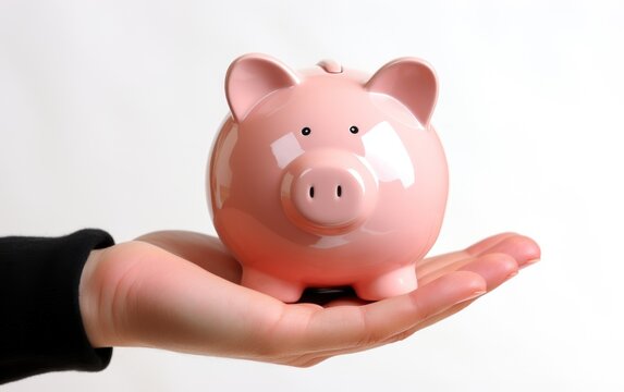 Hand Holding Pink Piggy Bank On White Background