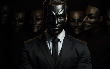 man in a suit wearing black mask. Hiding his true identity, intentions, or actions. - obrazy, fototapety, plakaty