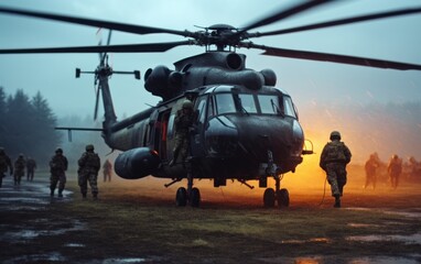 military helicopter transports soldiers.