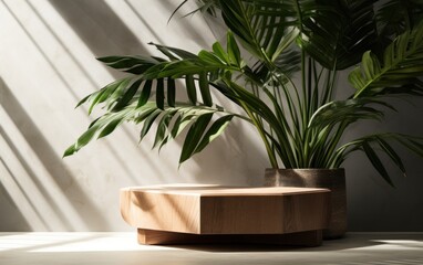 Modern brown geometric shape wooden podium table, pentagon side, green banana tree in sunlight